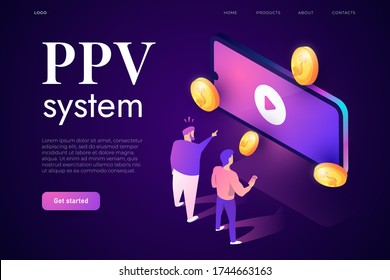 People using online watching services via pay per view system. Landing page template, conceptual illustration