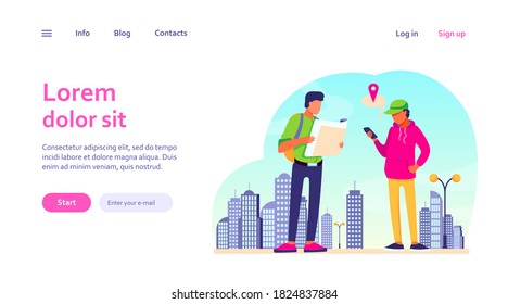 People using paper map and location app on mobile phone. Tourists finding way in city flat vector illustration. Navigation, travel concept for banner, website design or landing web page