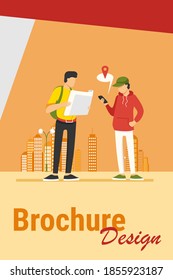 People using paper map and location app on mobile phone. Tourists finding way in city flat vector illustration. Navigation, travel concept for banner, website design or landing web page