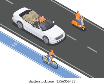 People using personal transport driving and riding on road and cycle lane 3d isometric vector illustration