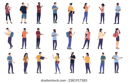 People using phone and devices collection - Set of vector characters with smartphone, tablets and computers looking at screen, talking and interacting. Flat design illustrations with white background