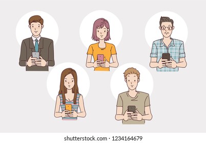 People using the phone set. man and women usersing smartphone. Hand drawn vector design illustrations.