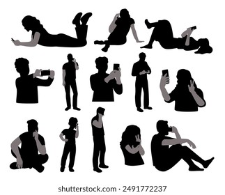 People using phone silhouette, kid, woman and man with phone, people calling silhouettes