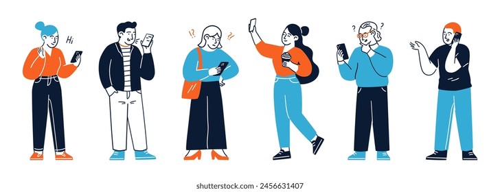 People using phone and wireless internet technology isolated set