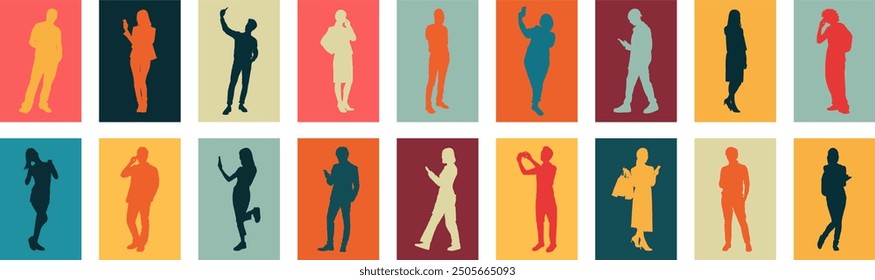 People using phones collection - Set of character illustrations with men and women talking and using smartphones while standing and walking. Flat design vector on white background