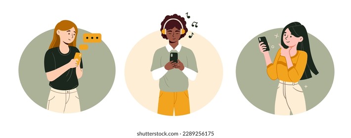 People using phones set. Collection of girls with smartphone. Students listen to music, communicate in social networks and messengers. Cartoon flat vector illustrations isolated on white background