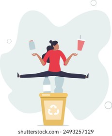 People using a lot of plastic packages and collecting plastic trash into garbage bin.flat design.illustration with people.
