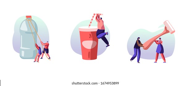 People Using Plastic Things. Male Female Characters Opening Water Bottle, Drinking Beverage from Cup, Carrying Shaving Machine. Human Consuming Products. Recycling Trash. Cartoon Vector Illustration