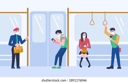 People using public train transport and wearing a protective medical face masks to avoid herself from plague, germs, viruses and pollution. Passengers keep social distance. lat Art Vector Illustration
