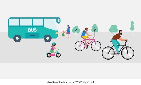 People using public transport Buses and bicycles