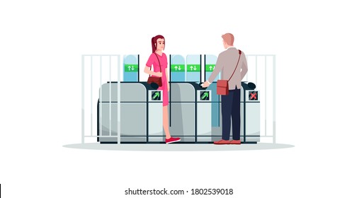 People using public transport semi flat RGB color vector illustration. Commuting to work. Subway, metro, train station automatic entrance. Isolated cartoon characters on white background