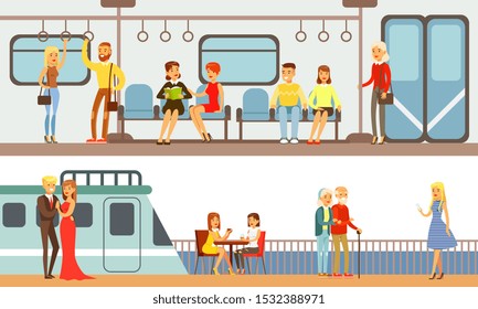 People Using Public Transport Set, Passengers of Underground and Cruise Ship Vector Illustration