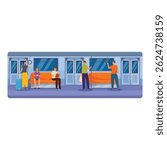 People using public transport standing and sitting in subway train, commuting to work by underground