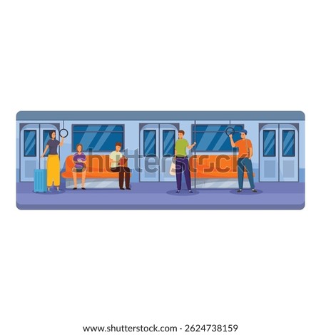 People using public transport standing and sitting in subway train, commuting to work by underground