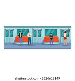 People using public transport subway train interior passengers riding modern tram empty underground carriage