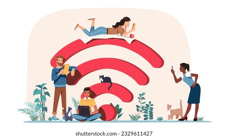 People using public WiFi internet hotspot. Men, women persons using wireless laptop computer, mobile phones. Wi-Fi zone online communication, web network technology concept flat vector illustration