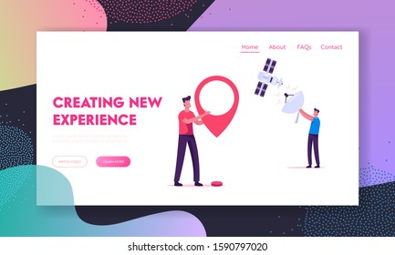 People using Satellite Connection for Gps Navigation and Telecommunication Services Website Landing Page. Men Holding Huge Navigation Pin and Antenna Web Page Banner. Cartoon Flat Vector Illustration