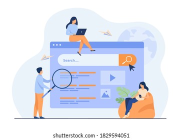 People using search box for query, engine giving result. Vector illustration for SEO work, SERP, online promotion, content marketing concept