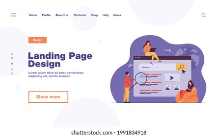 People using search box for query, engine giving result. Vector illustration for SEO work, SERP, online promotion, content marketing concept