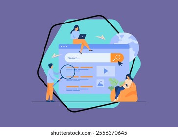 People using search box for query, engine giving result. Vector illustration for SEO work, SERP, online promotion, content marketing concept