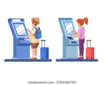 People Using Self Check-in Machines at Airport or Ticket Vending Kiosk Cartoon Illustration Vector