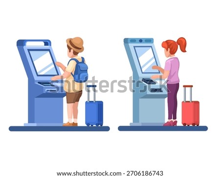 People Using Self Check-in Machines at Airport or Ticket Vending Kiosk Cartoon Illustration Vector