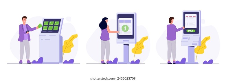 People using self service terminal, Interactive information kiosk concept. Flat Vector illustration for banner, website, landing page, flyer.

