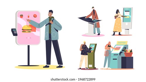 People Using Self Service Terminals, Informational Panels And Contactless Checkout Service Touch Screens. Modern Digital Automation Payment Technology. Cartoon Flat Vector Illustration