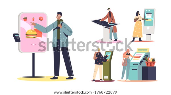 People using\
self service terminals, informational panels and contactless\
checkout service touch screens. Modern digital automation payment\
technology. Cartoon flat vector\
illustration
