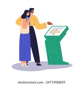 People using self-service kiosk. Customers at electronic terminal touchscreen, information machine, touching interactive screen with finger. Flat vector illustration isolated on white background