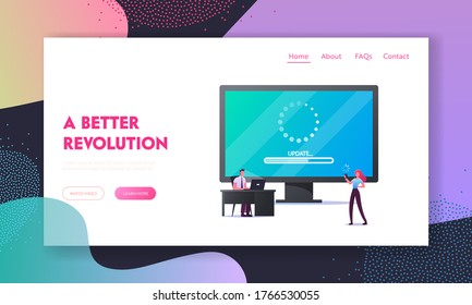 People Using Smart Devices Landing Page Template. Update Software Application and Hardware Upgrade Technology. Tiny Characters at Huge Computer Screen with Updating Scale. Cartoon Vector Illustration