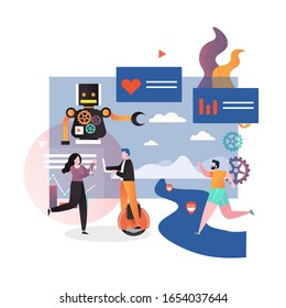 People using smart modern gadgets, vector illustration. Micro male and female characters riding self balancing mono wheel with laptop in hands, using mobile phone with running activity tracking app.