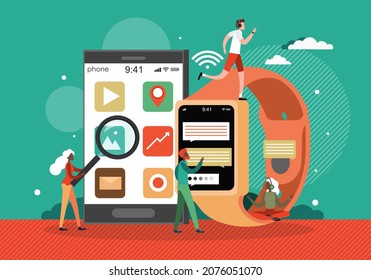 People using smart watch and smartphone mobile devices, vector illustration. Wearable technology.