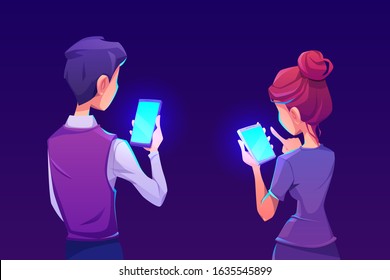 People Using Smartphone App. Man And Woman Hold Mobile Phone With Shiny Blue Screen Back View. Vector Cartoon Illustration With Gadget Users. Advertising Of Mobile Device Application