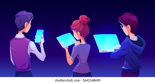 People Using Smartphone App. Man And Woman Hold Mobile Phone, Tablet And Laptop With Shiny Blue Screen Back View. Vector Cartoon Illustration With Gadget Users. Ads Of Mobile Device Application