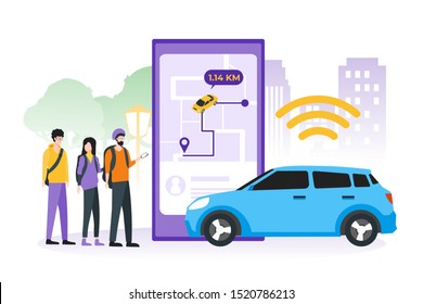 People using smartphone app to order taxi cab. Car sharing service, online taxi, rent car, mobile city transportation concept