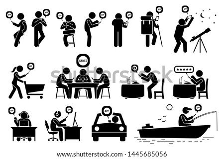People using smartphone app for various activities. Vector depict use of mobile app for star gazing, shopping, multiplayer mobile games, rating reviews, Internet, GPS routing, and fishing.