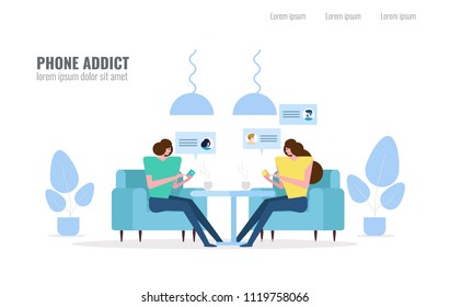People using Smartphone in cafe. Phone addict and social media concept. flat character design vector illustration