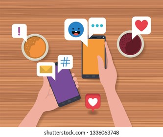 people using smartphone with coffee cup and social icons