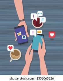 people using smartphone with coffee cup and social icons