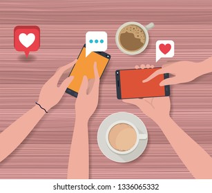 people using smartphone with coffee cup and social icons