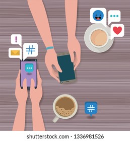 people using smartphone with coffee cup and social icons