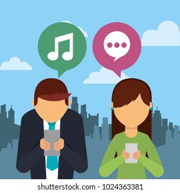 people using smartphone device with speech bubbles and city background
