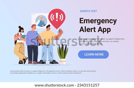 people using smartphone with exclamation alarm caution warning notification mark on screen emergency alert concept