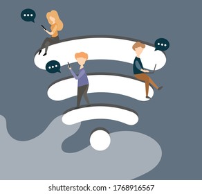 People using smartphone and laptop to communicate on Wi-Fi symbol. Social media connecting by smart technology.
