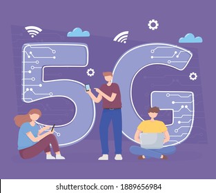 people using smartphone, laptop devices technology wireless connection 5G generation vector illustration