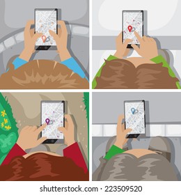 People Using Smartphone Map - Set - Vector Illustration, Graphic Design Editable For Your Design