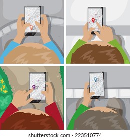 People Using Smartphone Map - Set - Vector Illustration, Graphic Design Editable For Your Design