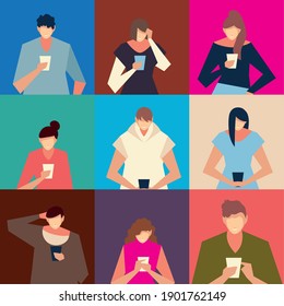 people using smartphone, men and women with devices vector illustration