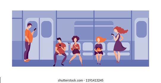 People using smartphone in public transport in train. People traveling on the subway.